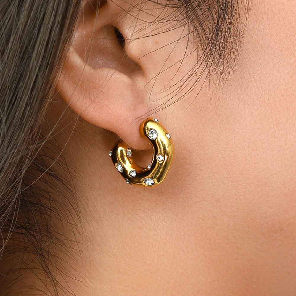 LUXUKISSKIDS Chunky Hoop Earrings Stainless Steel 18K Gold Plated Elegant Shiny Zirconia C Shape Thick Round aros Jewelry Female