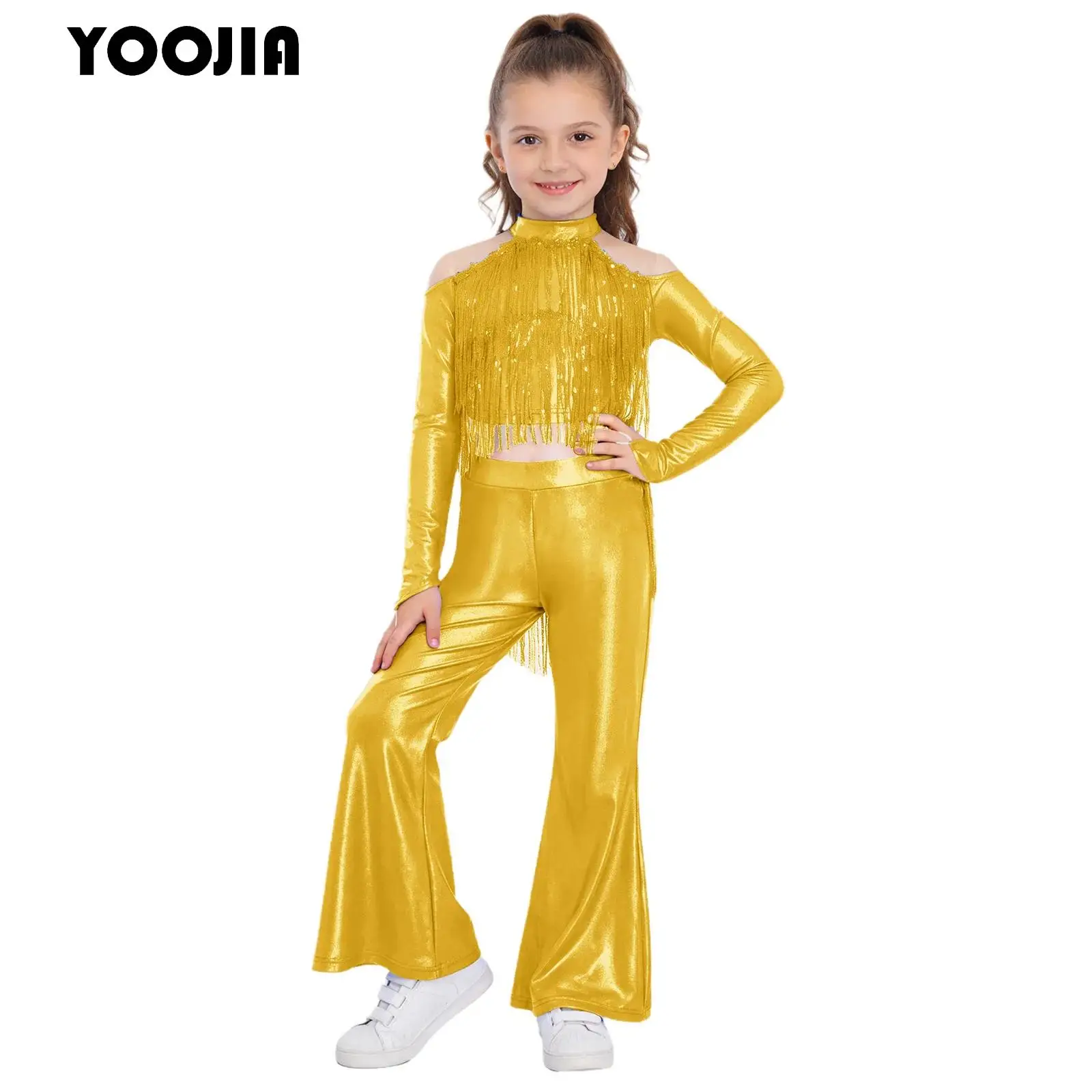 

Halloween 70s 80s Disco Hippie Costume Girls Long Sleeve Metallic Sequin Tassels Crop Top with Bell-Bottom Pants Jazz Dancewear
