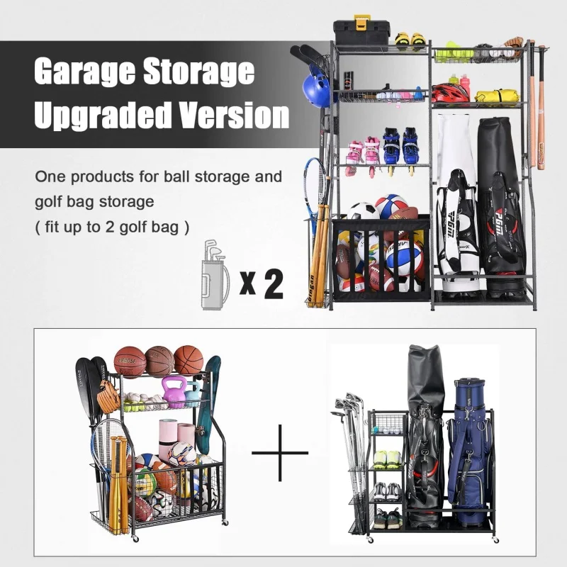 AQMythinglogic Garage Sports Equipment Storage,2 Golf Bag Storage Stand and Sport Equipment Storage Rack,Garage Organizer System