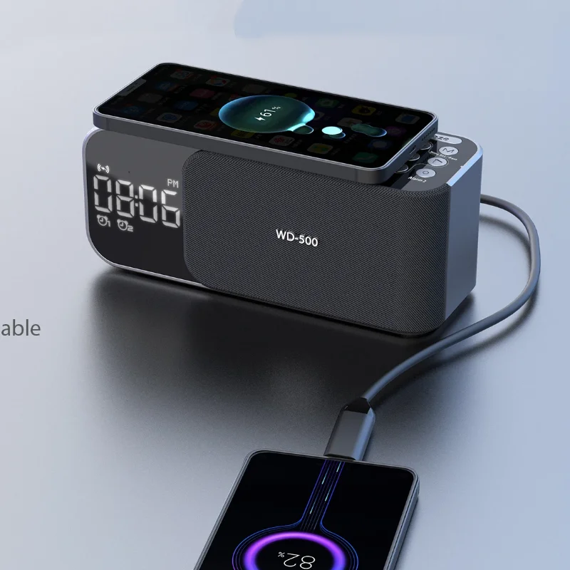 

Будильник с беспроводной зарядкой, FM-радио, Bluetooth-динамик с микрофоном, индикатором температуры, светодиодный цифровой дисплей, колонки