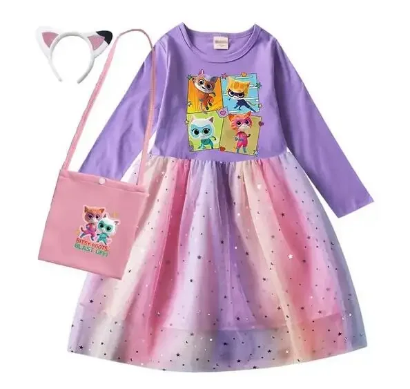 Vestido de princesa de manga larga con tutú de malla para niños, ropa de supergatitos de Anime para bebés y niñas, Vestidos de fiesta elegantes con gatos de dibujos animados, otoño 2024