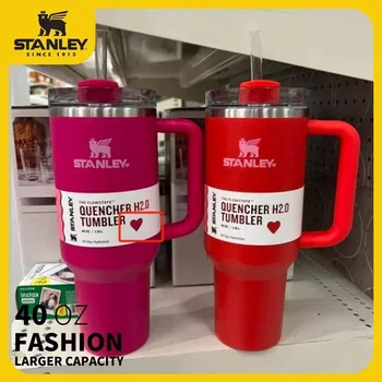 Stanley 핸들 뚜껑이 있는 절연 스테인리스 스틸 텀블러, 자동차 여행 커피 머그잔 열 보존 빨대, 40oz, 신제품