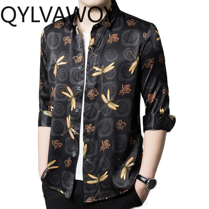 

QYLVAWOY Men's Shirts 92.5% Real Mulberry Silk Premium Shirts Long Sleeves Thin Menswear Clothing Shirts for Men Business Casual