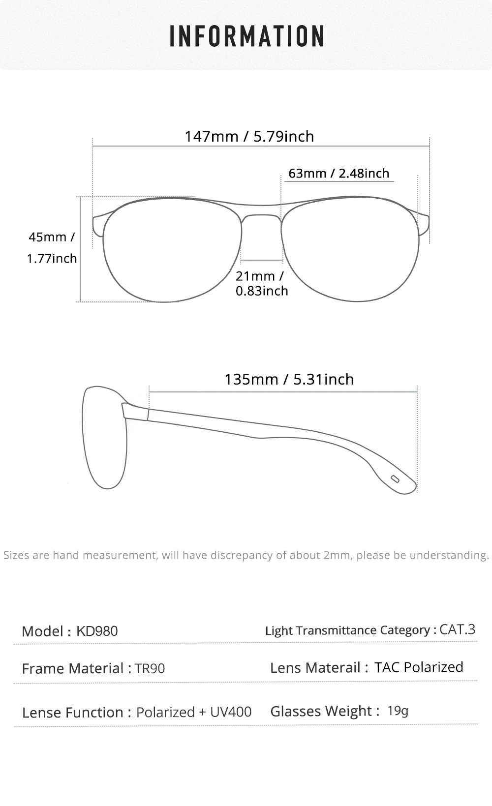 KDEAM Ultraleichte polarisierte Sonnenbrille für Herren, sportlich, elastisches TR90-Material, große Größe, 63 mm Linsenbreite, Angelbrille – Detail 8