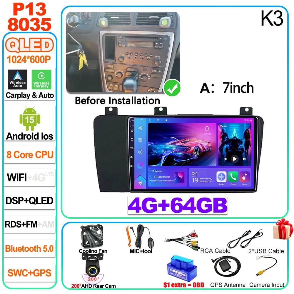 Android 16 voor Volvo XC70 V70 S60 2004 2005 2006 2007 2008 2009 autoradio head unit Carplay Auto multimediaspeler touchscreen