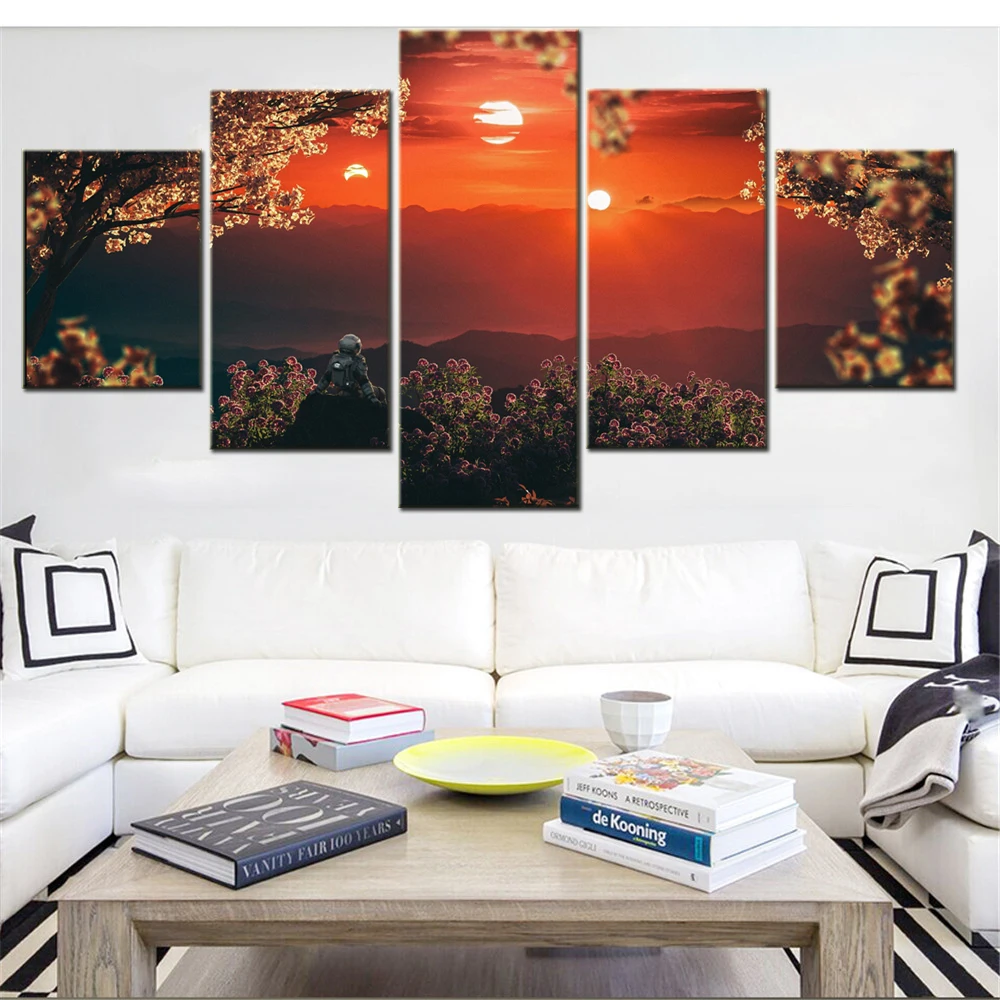 

5 Pieces Canvas Wall Arts Poster Painting Fantasy Astronaut Sunset Wallpaper Home Decor Picture Printing For Living Room Mural