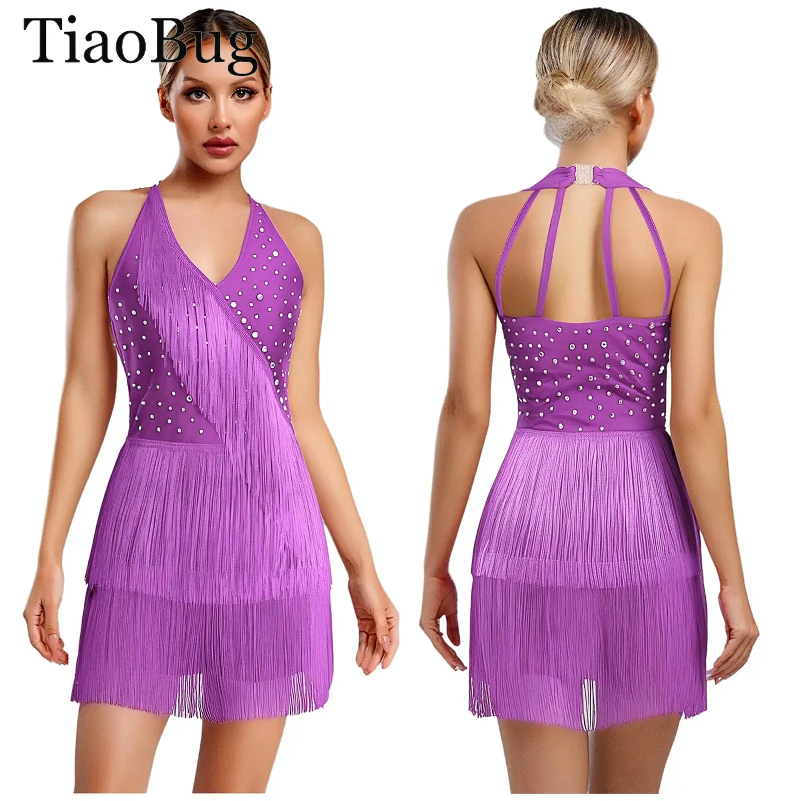 

Women Latin Dance Leotard Jumpsuit Halter Sleeveless Rhinestone Fringed Bodysuit Skating Tango Salsa Jazz Ballroom Dance Costume