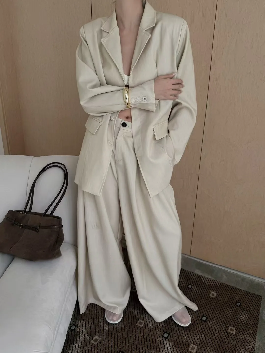 BJTZ Set giacca blazer vestibilità ampia solida per donna 2025 Blazer stile minimalista casual Top + pantaloni dritti a gamba larga Set due pezzi