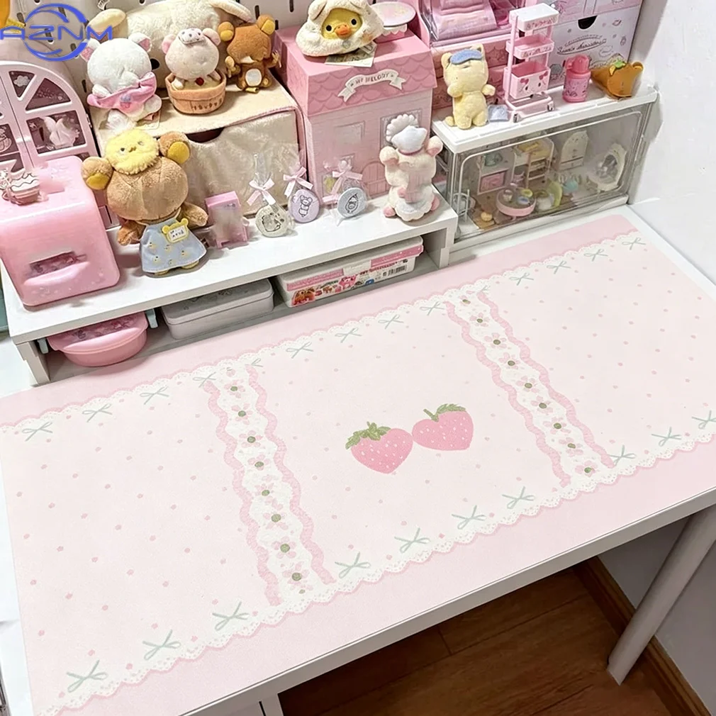 Desk Pad Protector Pink Strawberry Polka Dots Bow Lace Y2K Flower ins Mouse Pad Office Desk Mat PU Desk Blotter Pad