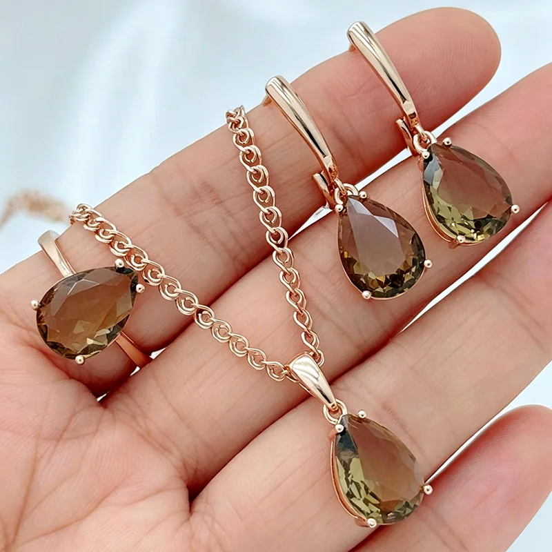 Kinel Hot Water Drop Brauner Natürlicher Zirkon Schmucksets für Damen 585 Roségold-Farbene Ringe Ohrringe Halskette Täglicher Edel-Schmuck