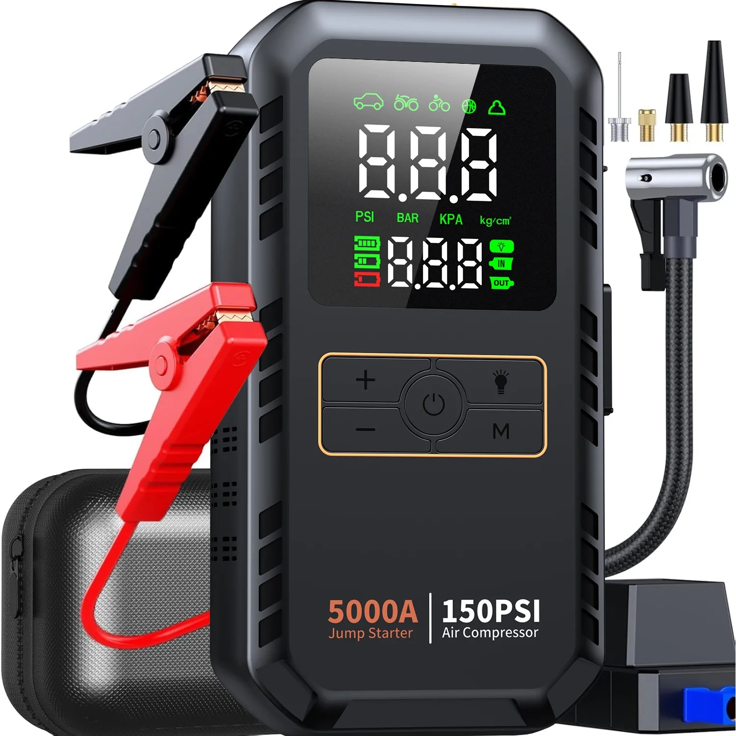 

4-IN-1 Car Jump Starter with Air Compressor Peak 5000A Auto Battery Booster 150PSI Air Pump Portable Power Bank Tire Inflator