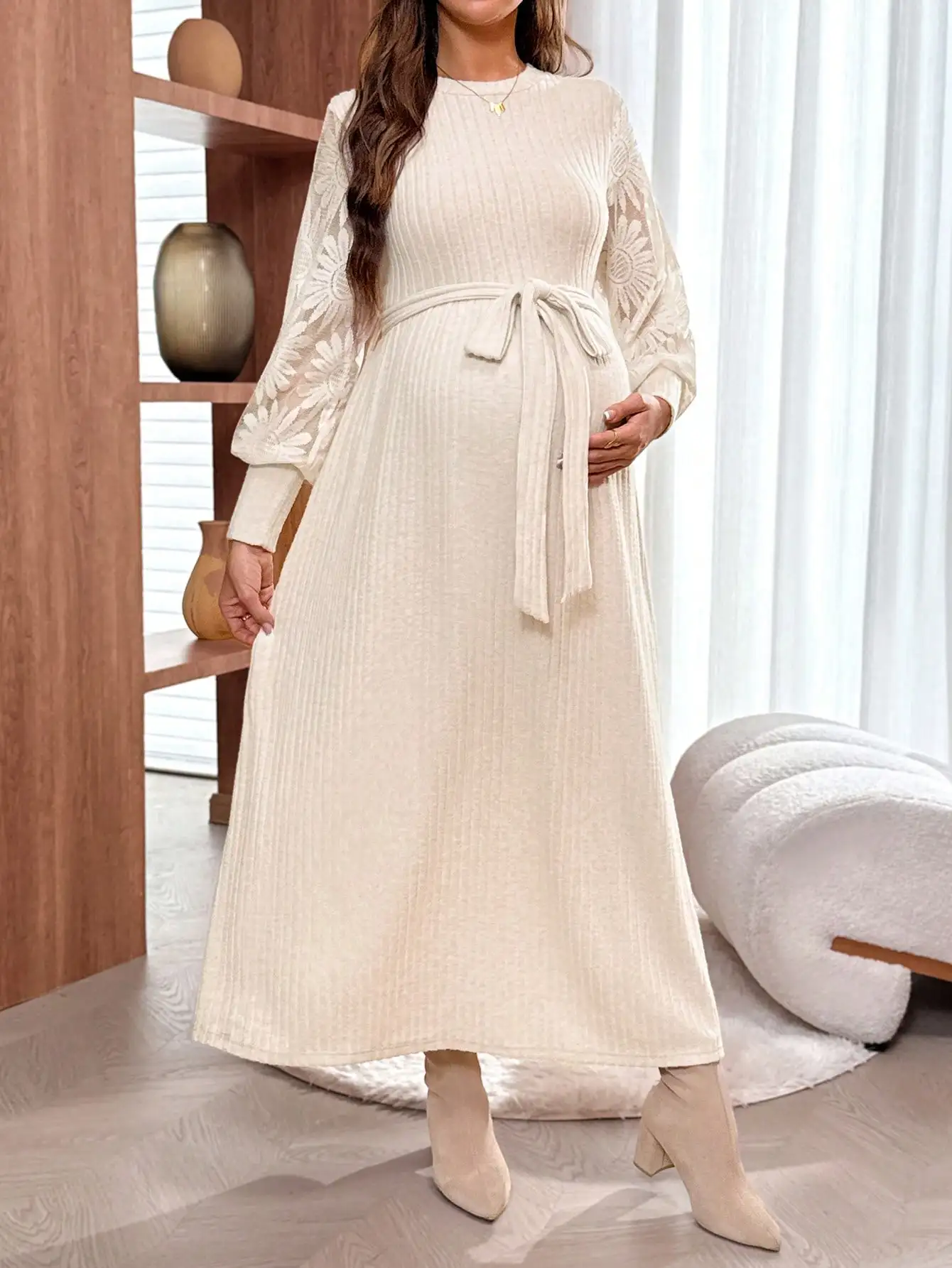 

Вязаное платье для беременных с длинными рукавами, кружевными рукавами и завязками на талии, осеннее, элегантное, свободного кроя