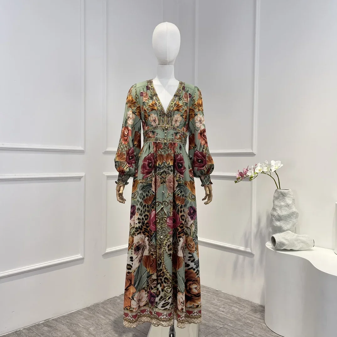 

Silk 2023 Latest Collection Top Quality Elegant Vintage Floral Printing Long Lantern Sleeve Diamonds High Waist Woman Midi Dress