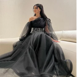 Bridalaffair dubai moderno árabe feminino preto vestidos de noite organza sopro mangas compridas cinto cristal vestidos de baile formal vestido de festa