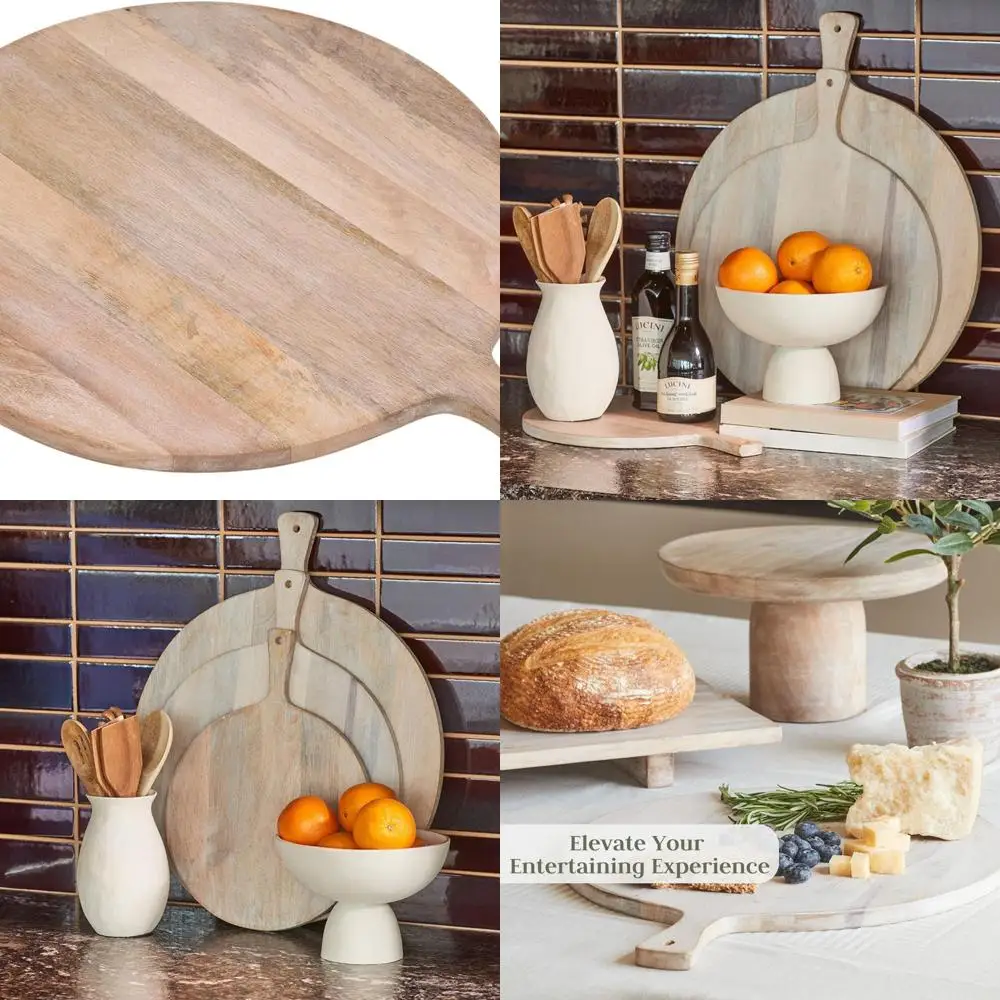 

Handcrafted 19 Round Wooden Serving & Chopping Board with Handle, Premium Kitchen Decor for Display & Food Prep, Light Wood