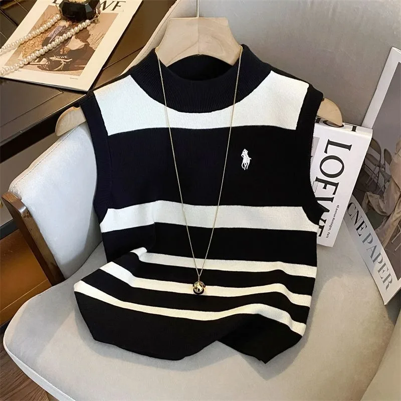 女性の刺繍ストライプセミタートルネックノースリーブセーター、用途の広いニットベスト、用途の広いインナーウェア、秋のトップ、新しい、2024