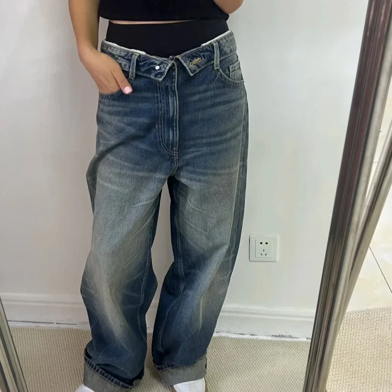 ETJ 2025 women's autumn and winter new fashion design loose version of wash waist flip waist jeans floor length pants