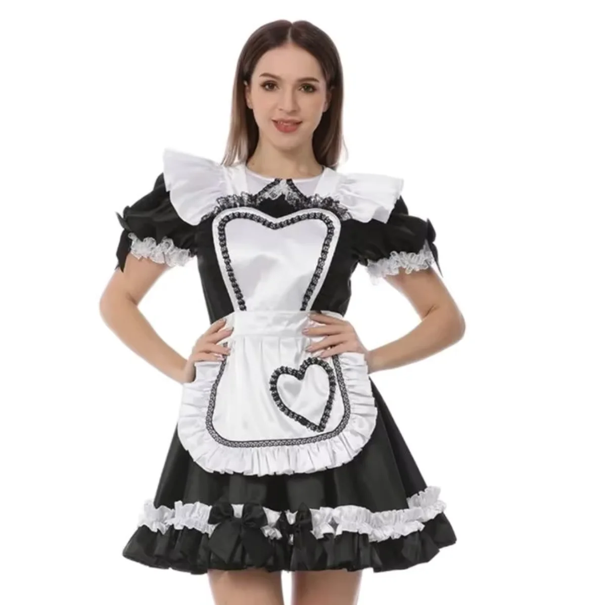 

French Sexy Adult Custom Fetishist Cross Dressing Sissy Shoulder Fluffy Gothic Lace Cuffs Apron Heart-shaped Decorative Dress