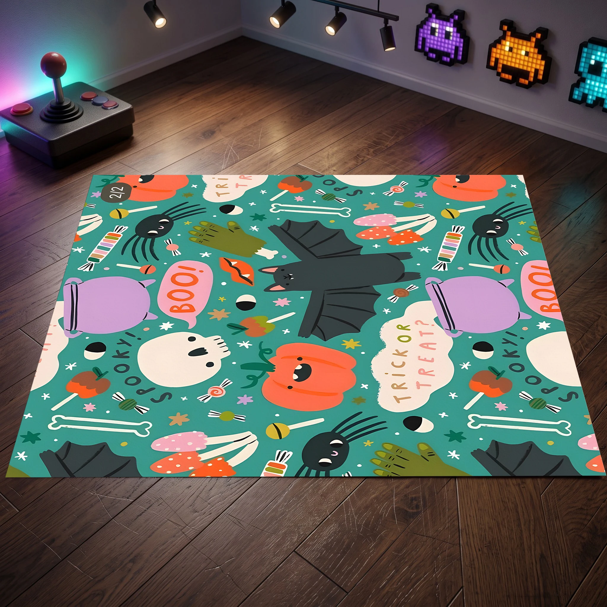 Cartoon Pumpkin Bat Trick or Treat Velvet Area Rug, for Living Room Bedroom Entryway, Autumn Winter Halloween