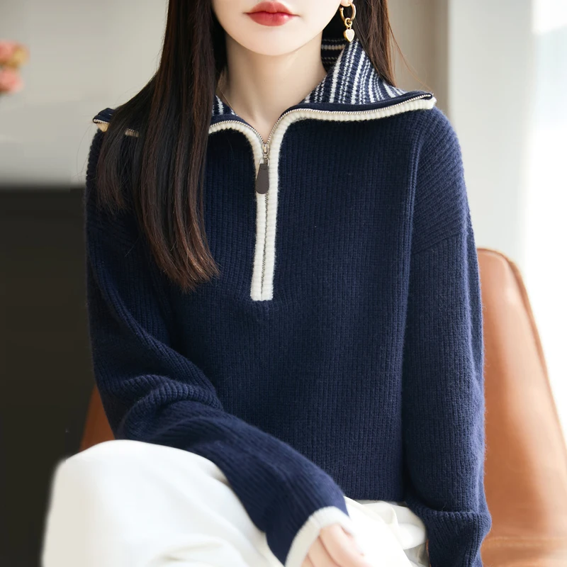 

Новый женский шерстяной свитер из меха енота, водолазка с длинными рукавами и половиной молнии, толстый теплый повседневный удобный вязаный топ