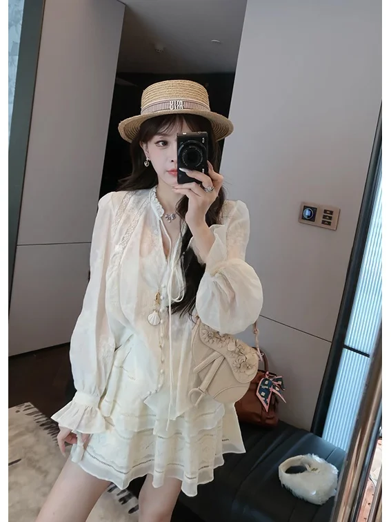 

Embroidered Lace Long Sleeve White Shirt Women Summer High End Silk Chiffon Top French Style Loose Fit V Neck Shirt