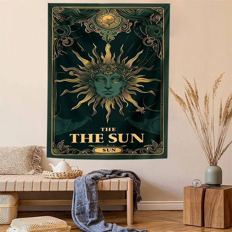 VIKAMA Vintage Tarot Card Wall Hanging - Enigmatic Sun Poster Tapestry - Home Decor for Yoga Room or Divination Room