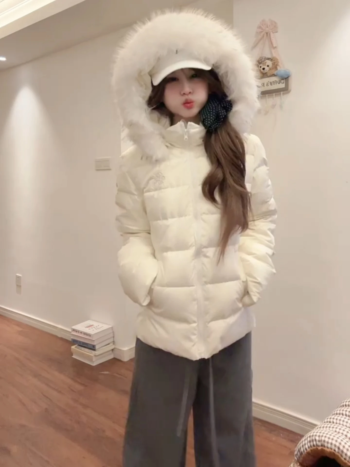 

Корейская утепленная стеганая куртка для женщин с большим меховым воротником, приталенная, с эффектом похудения, зимняя верхняя одежда