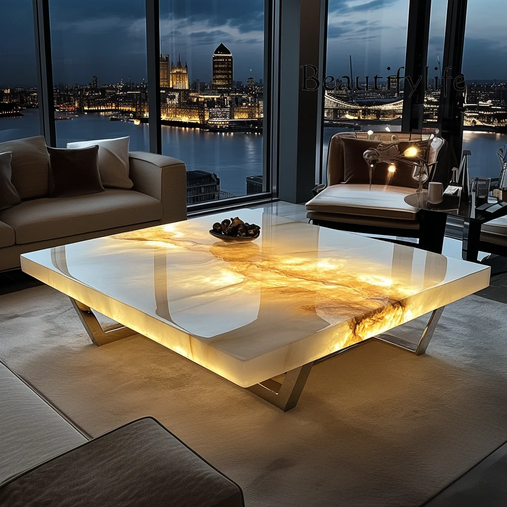 

French square luminous jade luxury stone coffee table advanced modern natural marble living room minimalist
