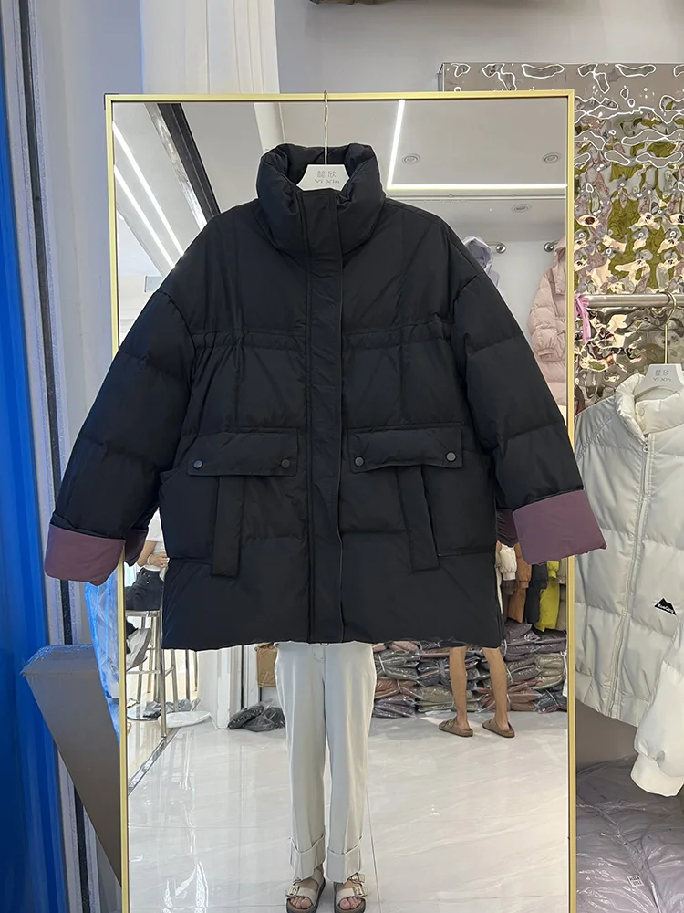 New down jacket women Korean version stand up collar thickened mid length warm loose color blocked white duck down coat