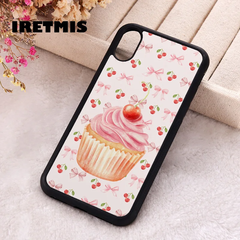 Iretmis Phone Cover Case for iPhone 6 6S 7 8 PLUS X XS XR 11 12 13 MINI 14 15 PRO MAX Silicone Rubber pink Bow Cherry Cupcake