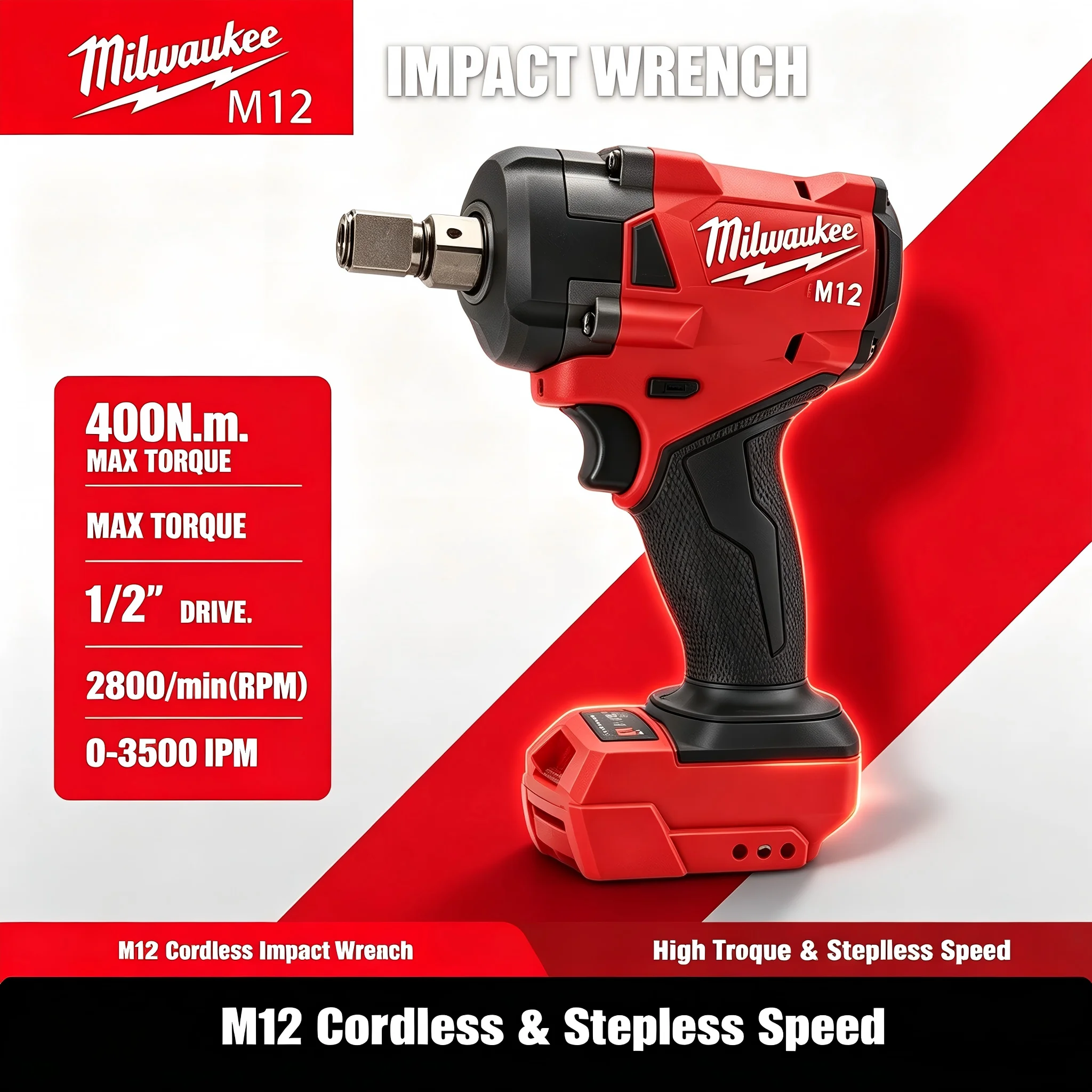 MilwaukeeM12 M18 FUEL Brushless Electric Impact Wrench 1/2 Inch 2800RPM 400Nm Torque - Stepless Speed Control with LED Light