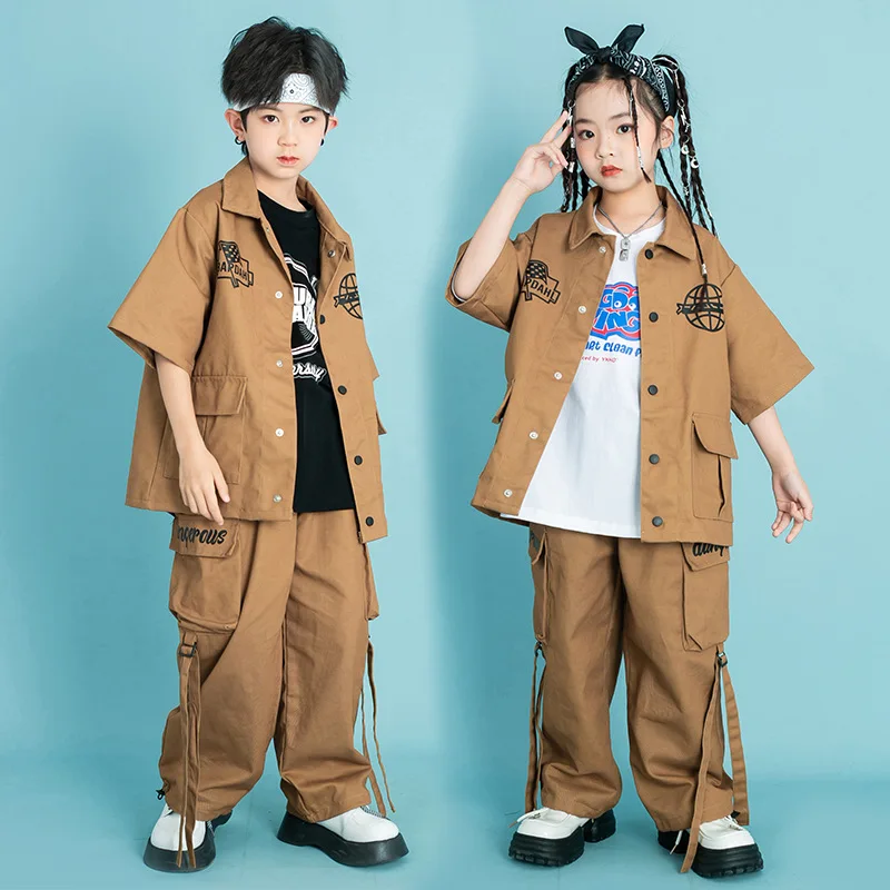 Kid Hip Hop Clothing Brown Print Short Sleeve Shirt Top Casual Street Strap Cargo Pants for Girl Boy Jazz Dance Costume Clothes