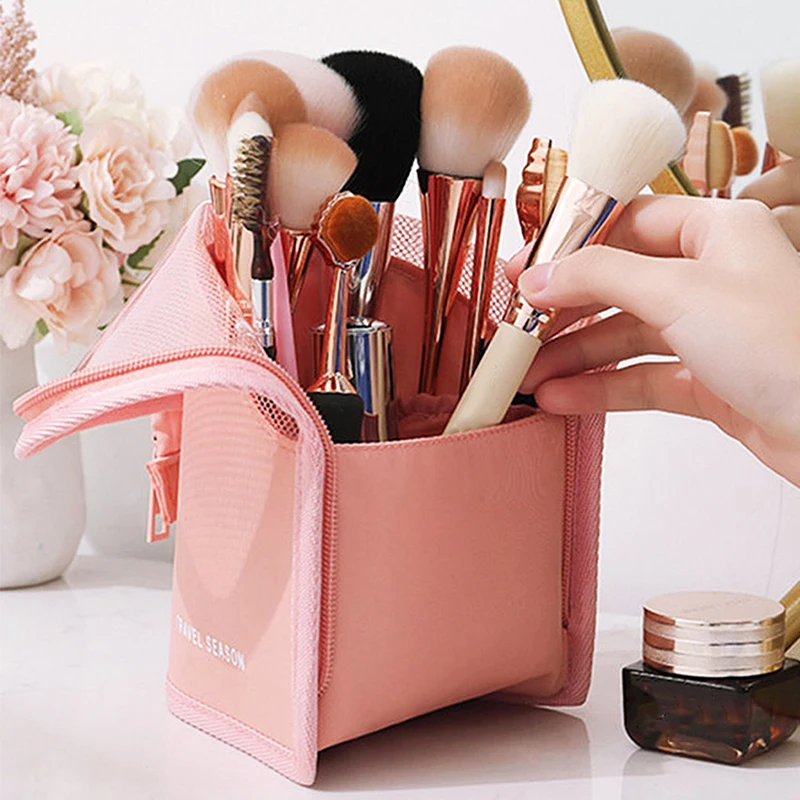 Tas penyimpanan kuas Makeup Desktop, tas perlengkapan mandi pensil alis, tas penyimpanan kapasitas besar, perjalanan portabel gaya sederhana desain ritsleting