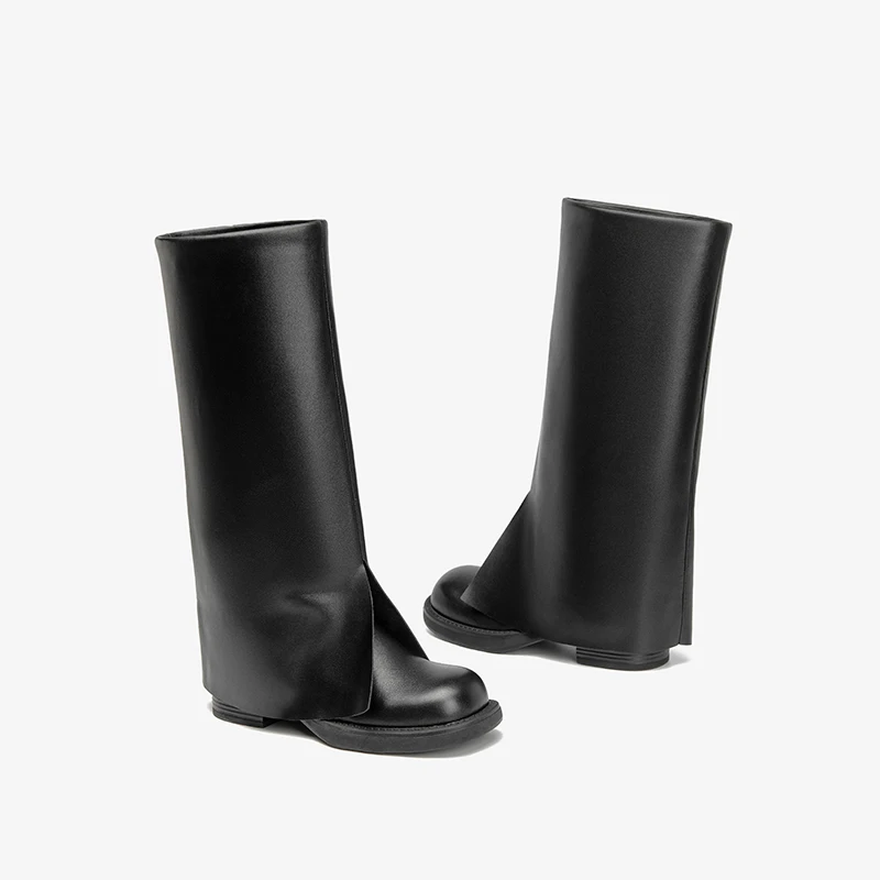 BEAUTODAY Tube Boots Women Genuine Cow Leather Solid Color Slip-on Round Toe Thick-Soled Ladies Shoes Handmade 01481 image 2