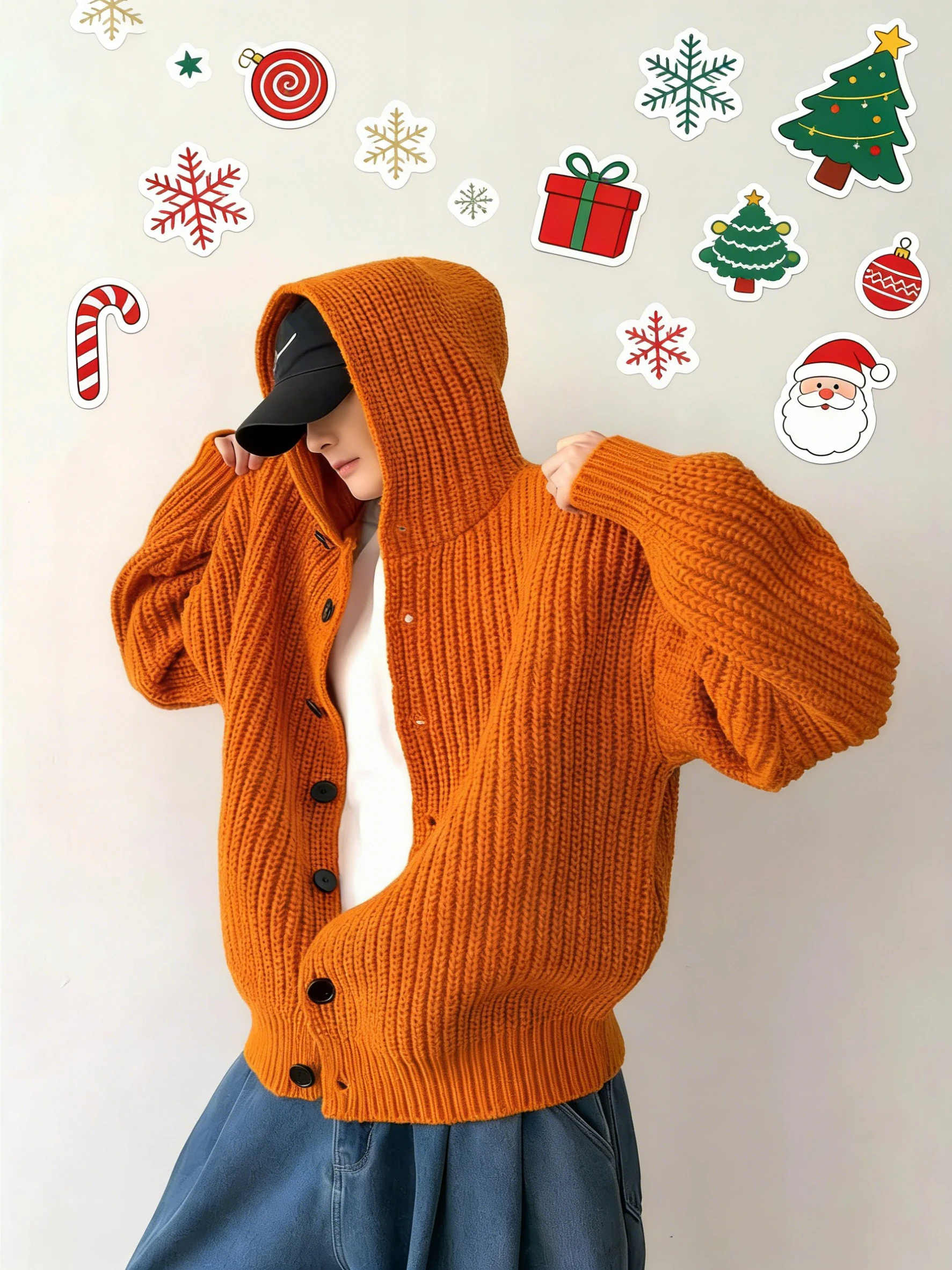 

Мужской осенне-зимний кардиган American Sle Heavyweight Orange Open Cardigan Sweater Cisas Lazy High-End Thi Needle Hat Knitwear
