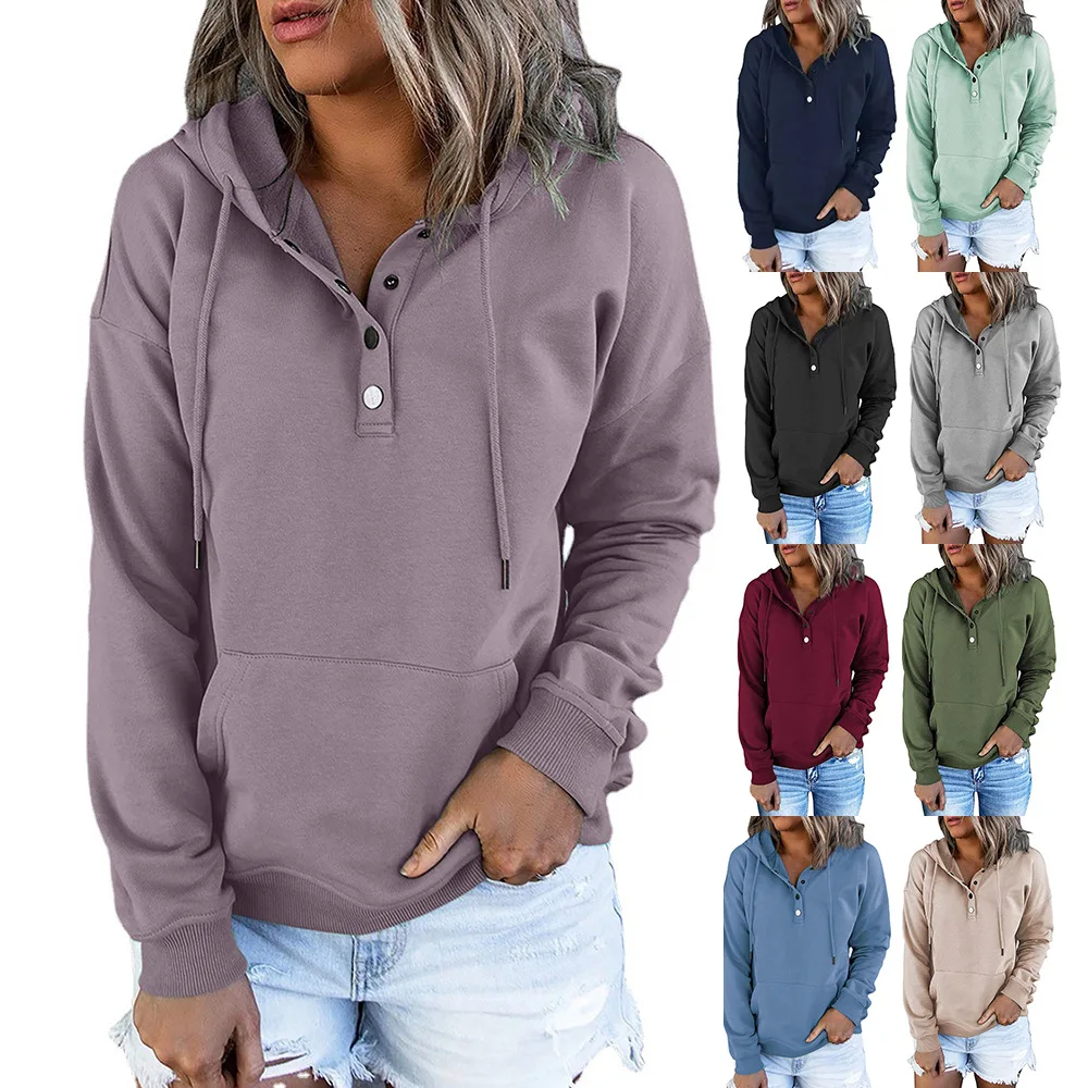 Nouveau Ropa De Mujer Otoño Felpe Con Cappuccio Moletom polyvalent à capuche bouton à manches longues couleur unie bureau banlieue pull haut