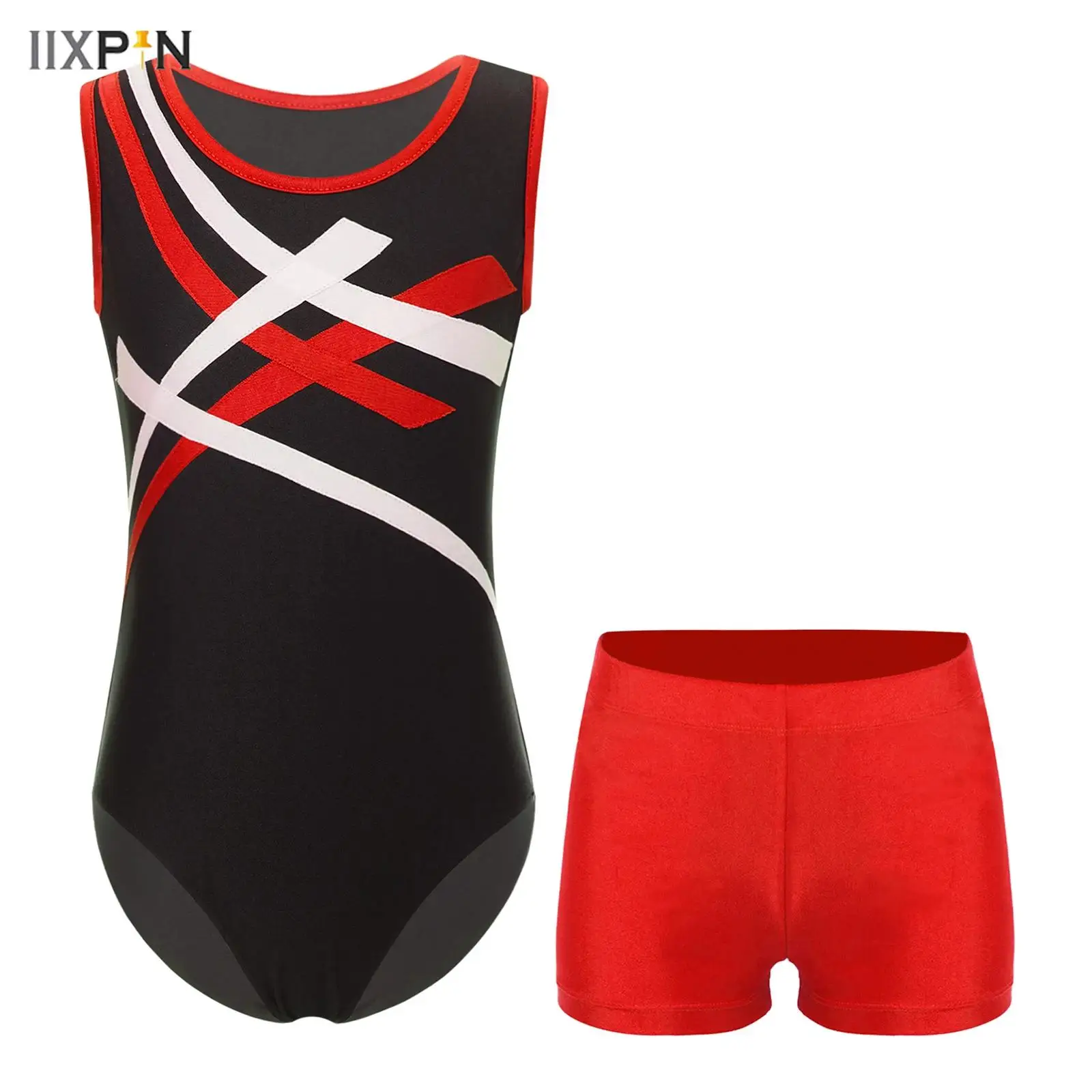 

Kids Girls Boys Gymnastics Leotard Sleeveless Contrast Color Bodysuit Ballet Dance Performance Competition Training Costume 2Pcs