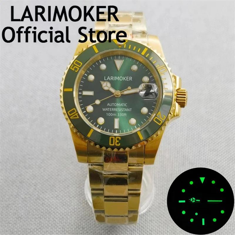 

LARIMOKER Yellow Gold Coated Nologo 40mm Mechanical Men Watch 24 Jewels NH35A PT5000 Oyster Strap Brushed Insert Sapphire Glass