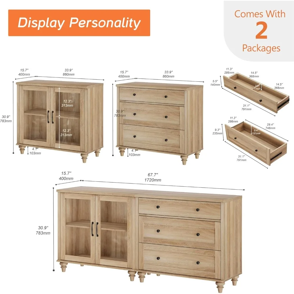 Sideboard Buffet Cabinets with Glass Door, 2-in-1 Kitchen Storage Cabinets, Wood Coffee Bar Tables with Adjustable Shelf