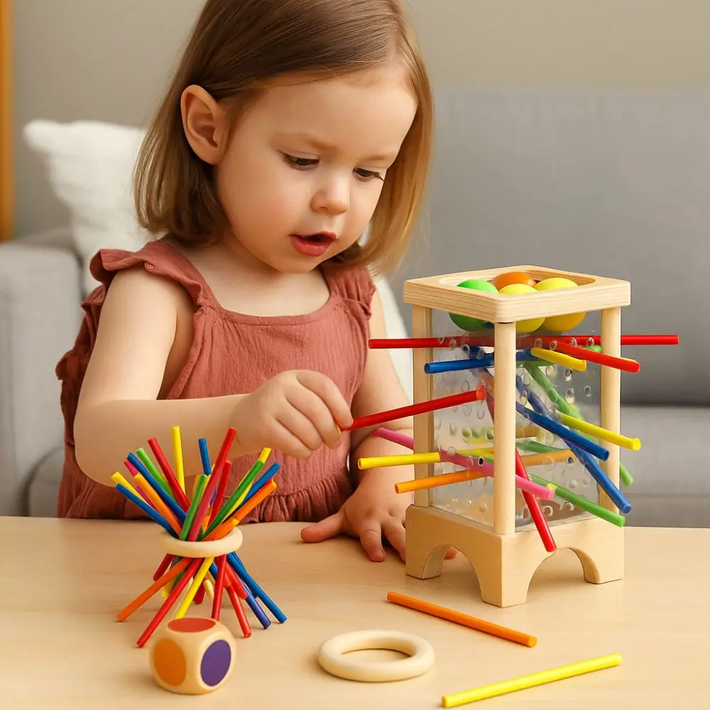 4-stronne drewniane gry planszowe z kolorowymi patyczkami, zabawki edukacyjne, gra Montessori z wpuszczaniem kulek, klasyczna gra rozwijająca motorykę małą