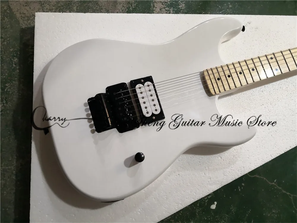 Char white guitar, 6-string electric guitar, black tremolo bridge, white pickups, white head