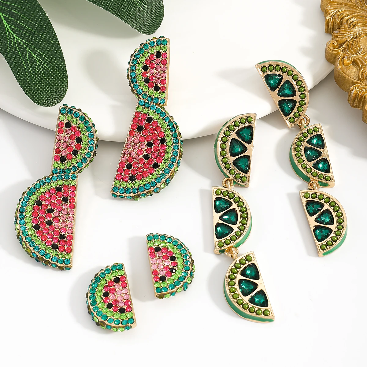 

Diwan Summer Alloy Cute Colorful Fruit Pendant Earrings Rhinestone Inlaid Watermelon Earrings For Women Daily Party Jewelry