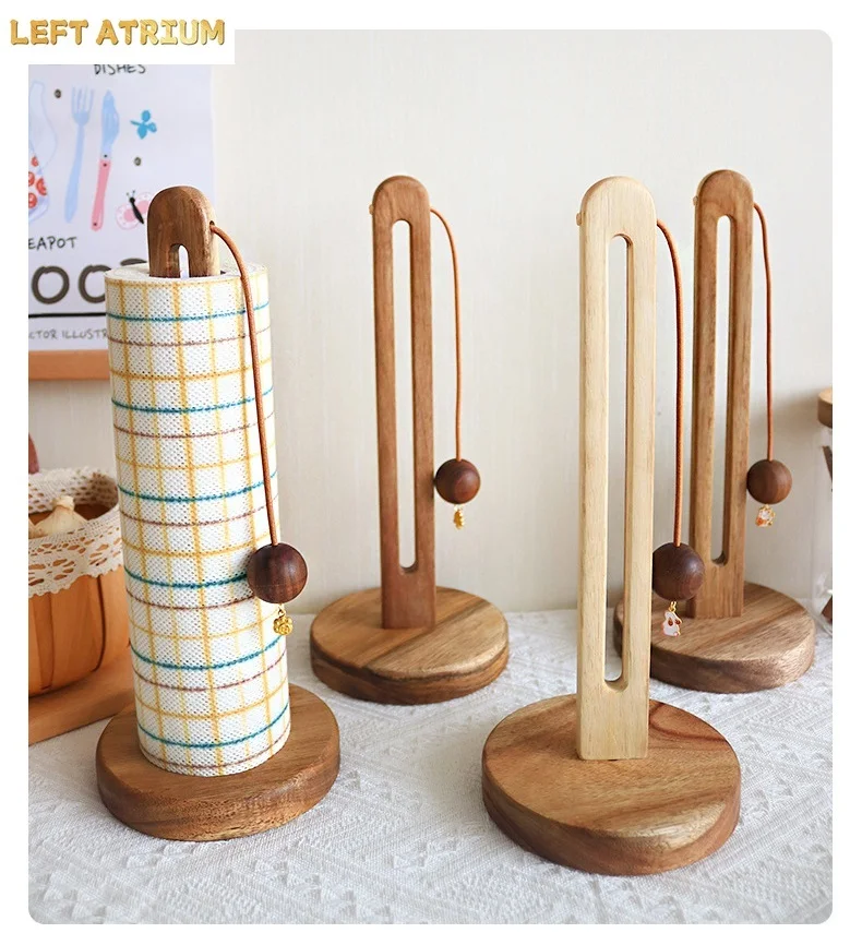 HeMu Durable Acacia Wood Paper Towel Stand - Easy Load Vertical Paper Roll Holder for Kitchen Countertop Organization