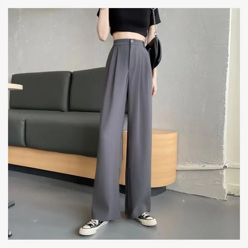 صيف 2023 المرأة فضفاضة السراويل الطويلة غير رسمية عالية الخصر مستقيم الساق بنطلون مريح رقيقة ألياف البوليستر السيدات بنطلون #3