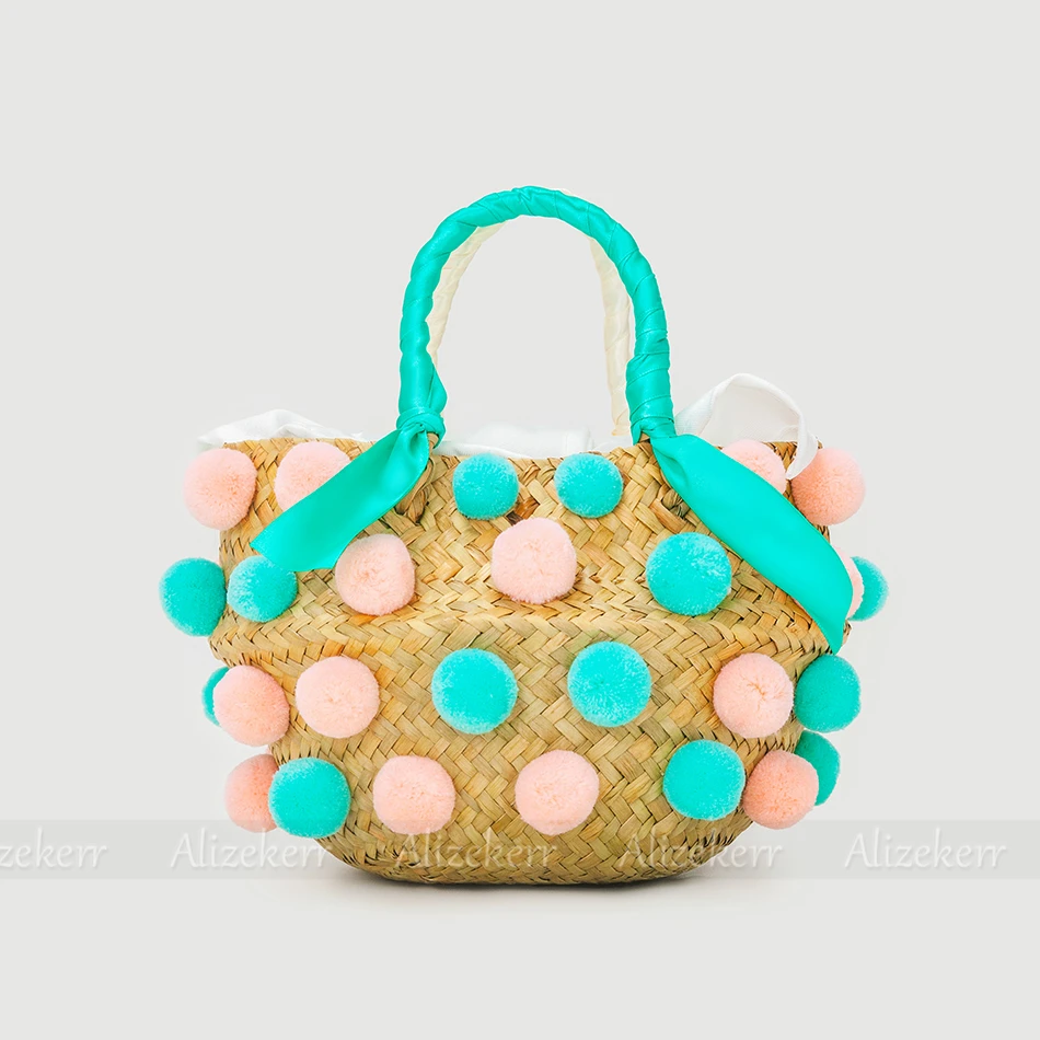 Round Pompoms Straw Bucket Bags For Women Summer Handmade Woven Large Nature Rattan Beach Purse And Handbag Holiday High Quality