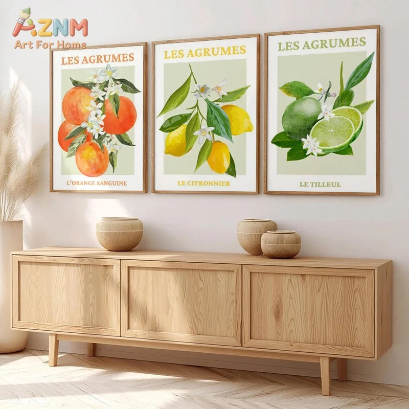 1pc/3pcs Citrus Fruit Wall Art Lemon Lime Grapefruit French Paintings Frameless Canvas Posters for Spring Fall Living Room Decor