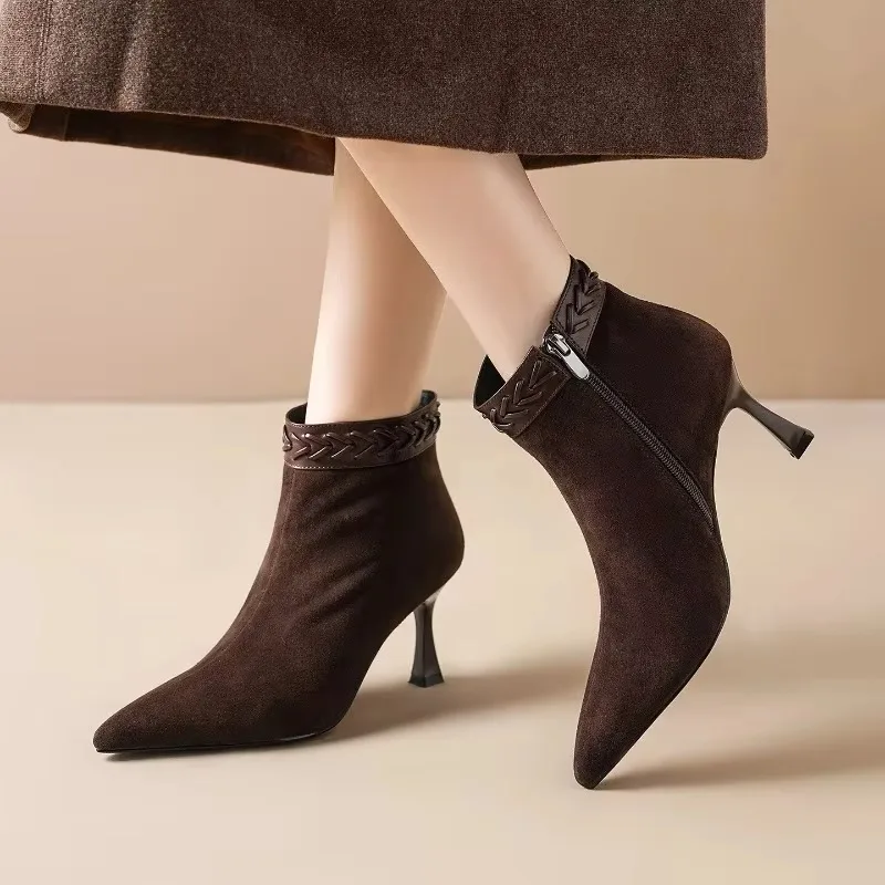 Knitted Women's Fashion 2026 Autumn and Winter New Item Slim Heel Pointed High-heeled Short Boots