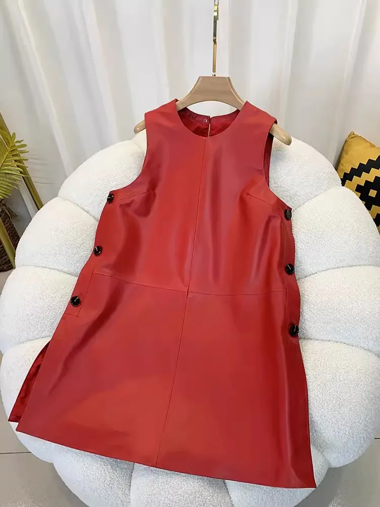 Elegancka damska z dekoltem A linia guziki boczne z owczej skóry prawdziwa skórzana sukienka dama bez rękawów Sundress pulower średniej długości sukienka bez rękawów — zdjęcie 2