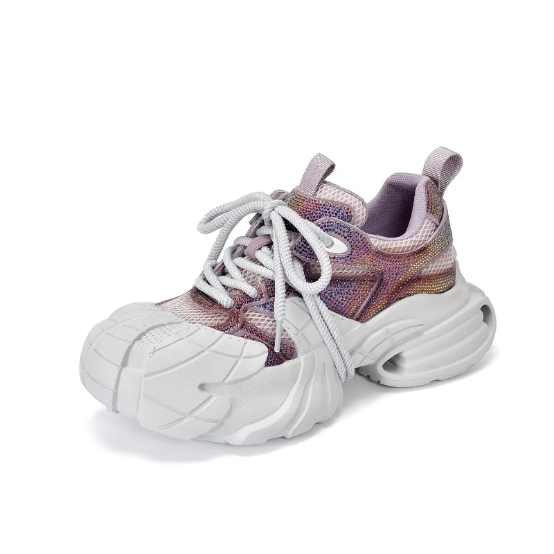 

Женские кроссовки на платформе с блестками, из сетки и кожи, на толстой подошве, повседневные, весна 2026, легкие, без шнурков, для прогулок