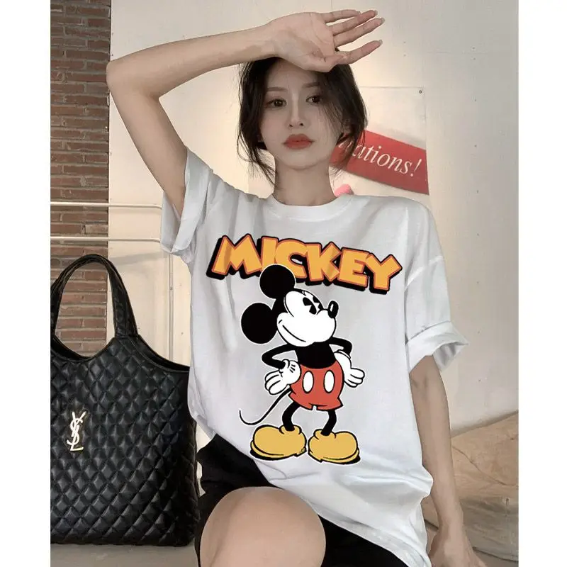 

Disney Mickey Mouse Graphic Brown Tshirt Oversized Cotton Tee with Yellow MICKEY Print Casual Streetwear for Women Plus Size